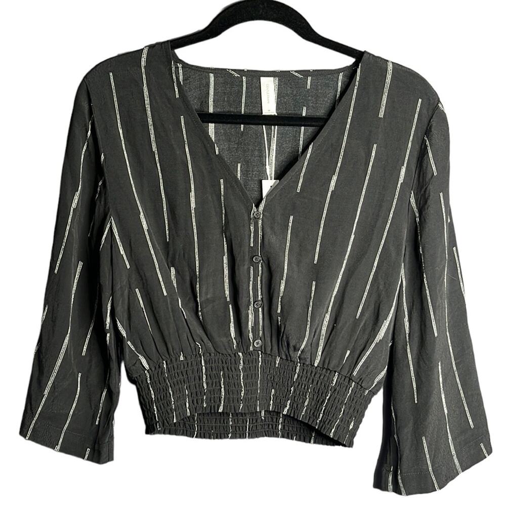 Gentle Fawn Black White Striped Elastic Waist Flared Sleeve Blouse Medium